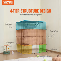 A large 4-tier metal cat cage measuring 41x41x55 inches with a hammock, ladders, and multiple access doors.
