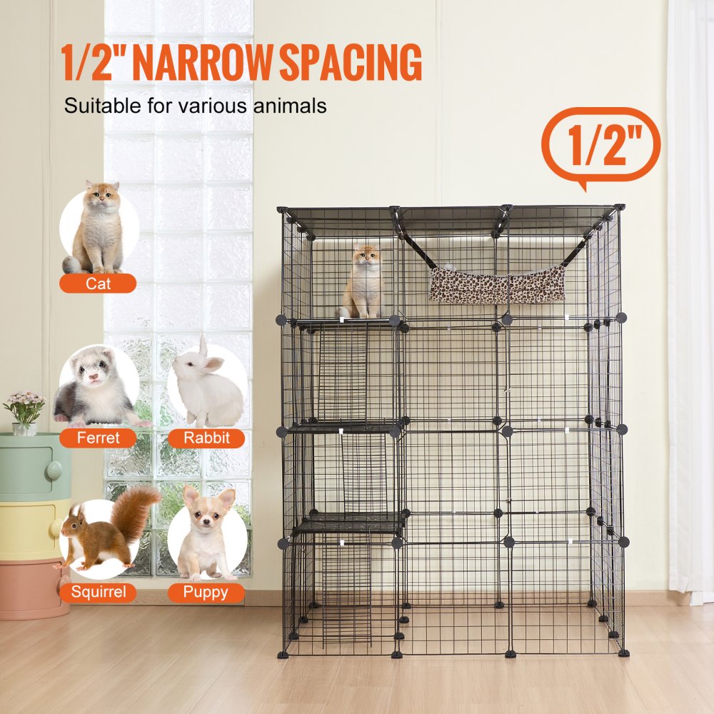 Large 4-tier black metal cat cage, 41x41x55 inches, with hammock and platforms for cats.