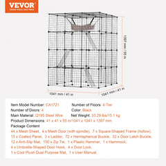 Large black 4-tier metal cat cage, 41x41x55 inches, with hammock, ladder, and mat.