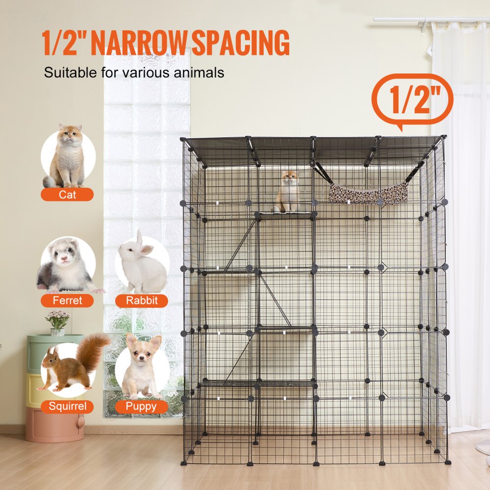 4-tier metal wire cat cage with hammock and ramp, featuring multiple access points.
