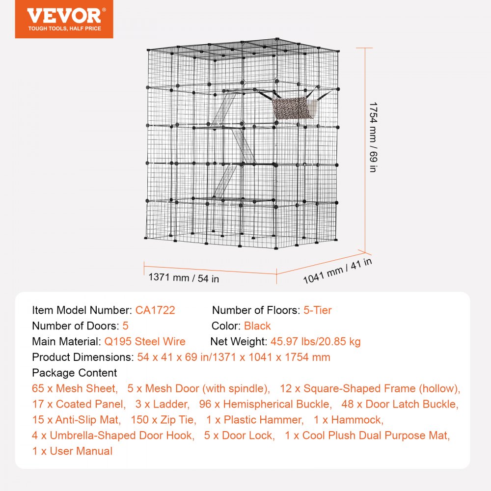 Large metal wire cat cage with four tiers, hammock, and multiple access doors.