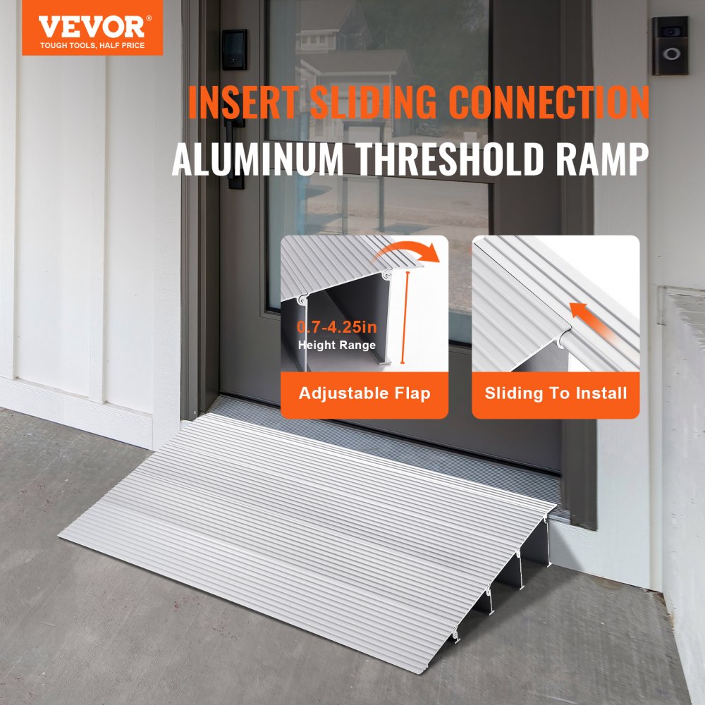 Door Threshold Ramp, 4" Rise, 800 lbs Load Capacity, Door Ramp for Wheelchairs, Aluminum Threshold Ramp for Doorways, Adjustable Modular Threshold Ramp for Wheelchairs, Scooters, Power Chairs