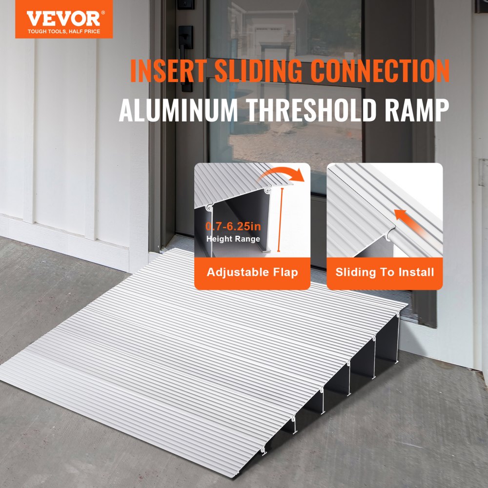 Door Threshold Ramp, 6" Rise, 800 lbs Load Capacity, Door Ramp for Wheelchairs, Aluminum Threshold Ramp for Doorways, Adjustable Modular Threshold Ramp for Wheelchairs, Scooters, Power Chairs