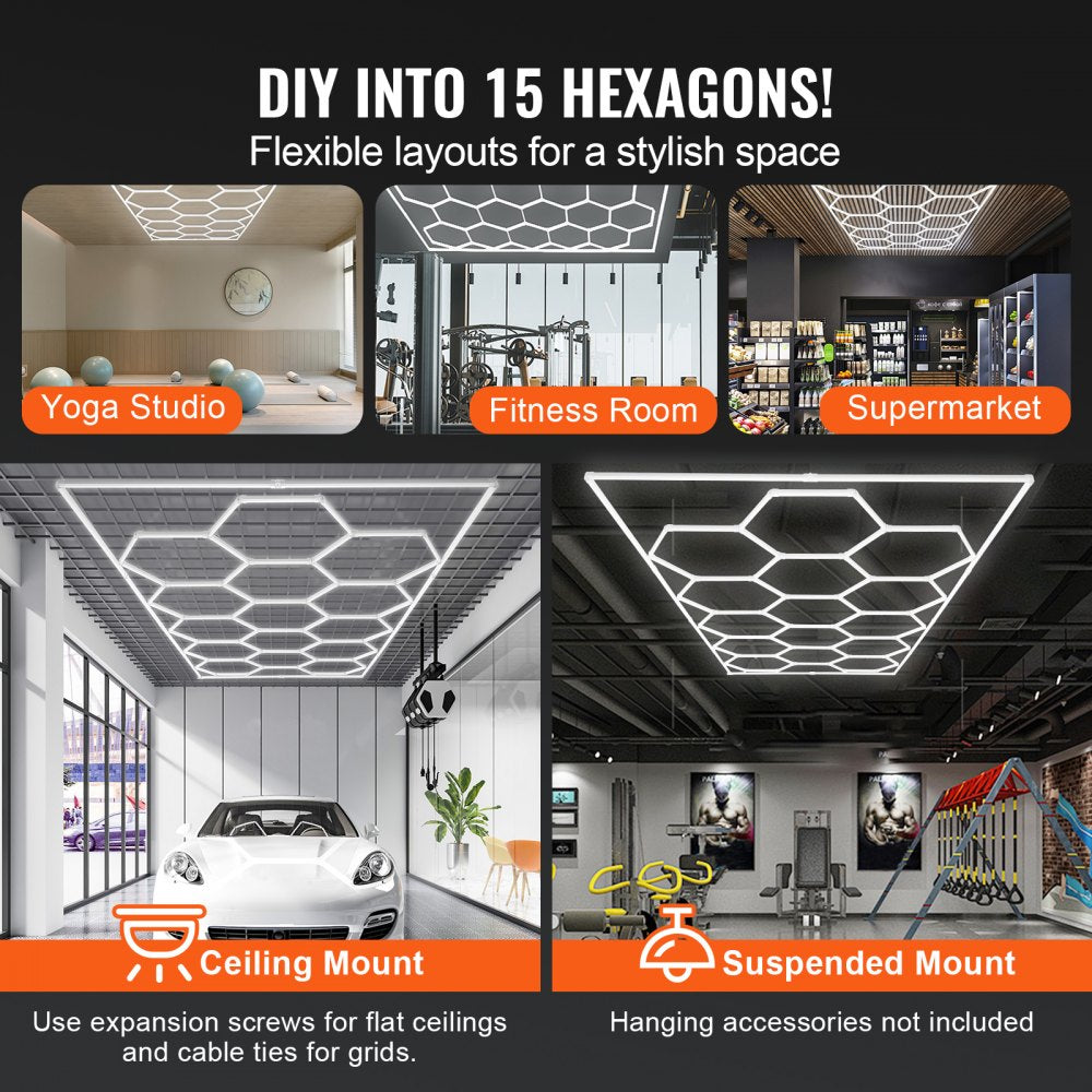 Hexagon Garage Lights 66300LM 15 Grids Honeycomb LED Shop Ceiling Light