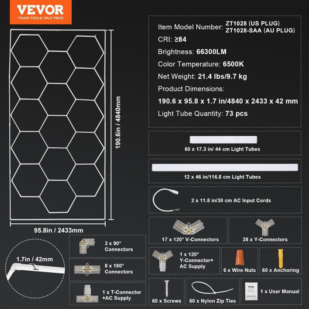 Hexagon Garage Lights 66300LM 15 Grids Honeycomb LED Shop Ceiling Light