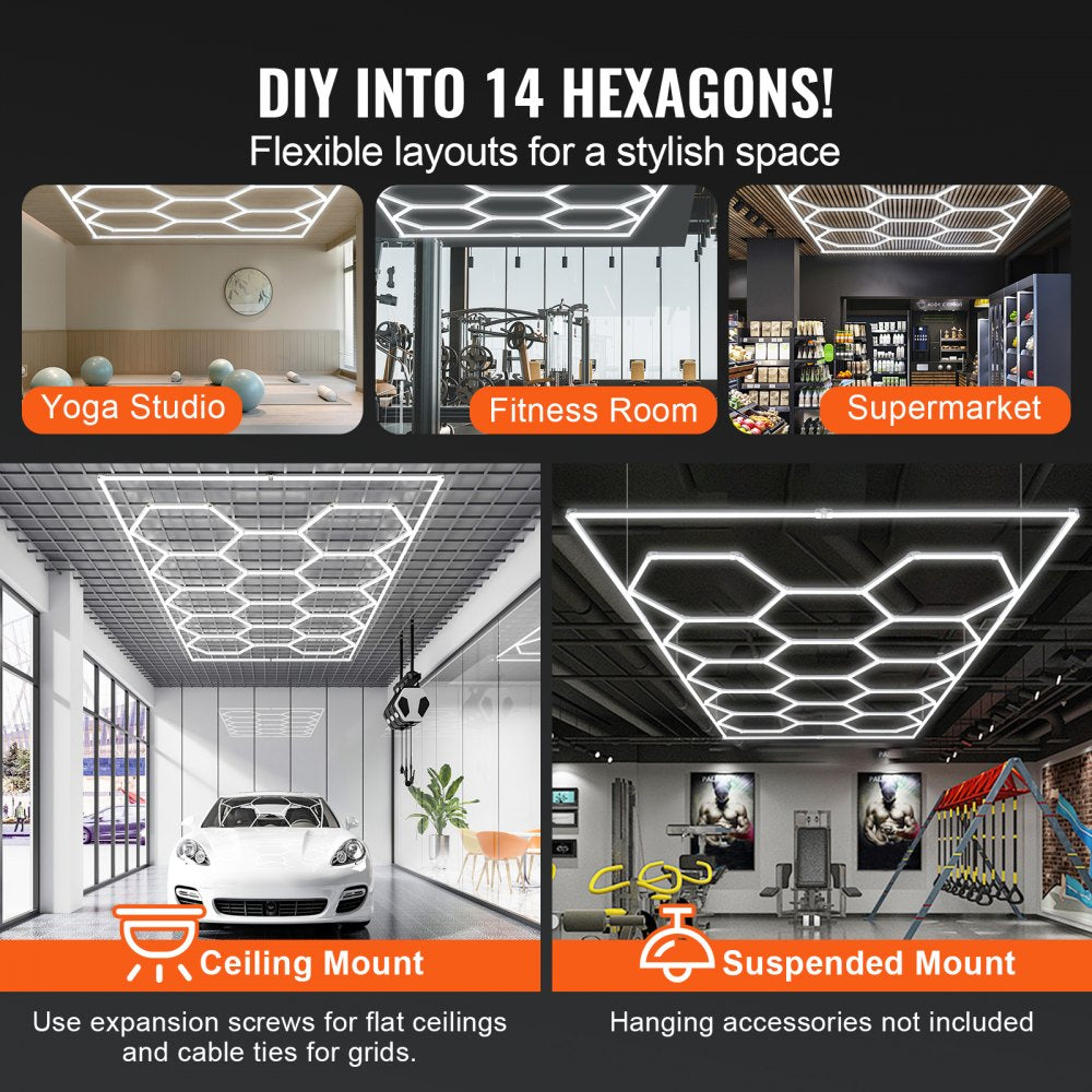 Hexagon Garage Lights 86400LM 14 Grids Honeycomb LED Shop Ceiling Light