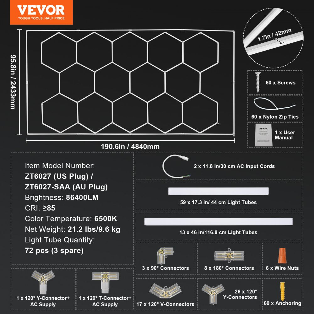 Hexagon Garage Lights 86400LM 14 Grids Honeycomb LED Shop Ceiling Light