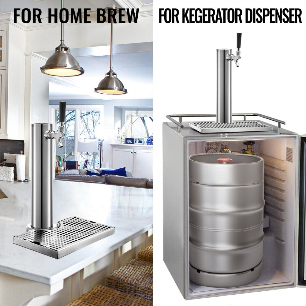 Beer Tower, Single Faucet Kegerator Tower, Stainless Steel Draft Beer Tower with 12" x 7" Drip Tray, 3" Dia. Column Beer Dispenser Tower, Beer Tower Kit with Hose, Wrench, Cover for Home & Bar