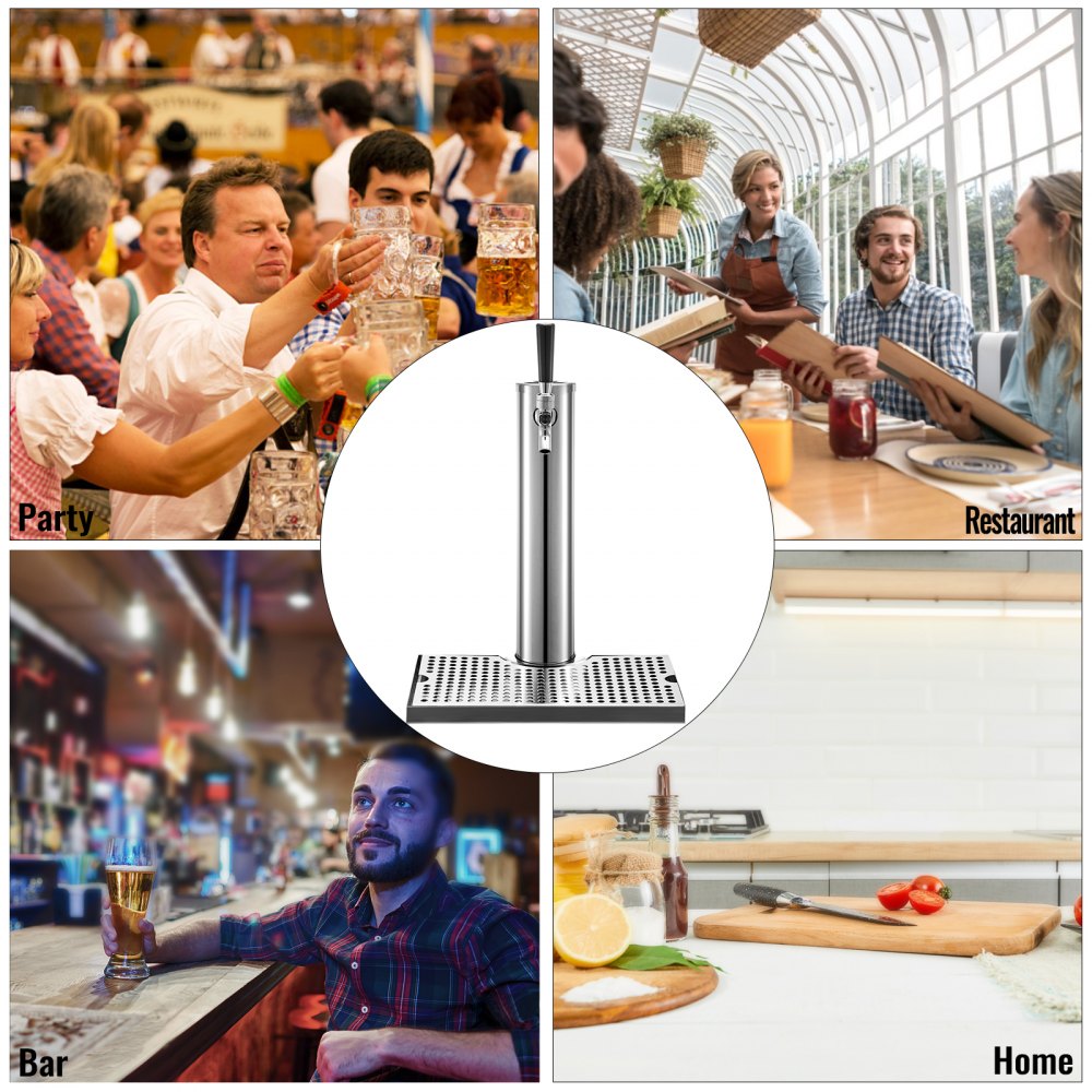 Beer Tower, Single Faucet Kegerator Tower, Stainless Steel Draft Beer Tower with 12" x 7" Drip Tray, 3" Dia. Column Beer Dispenser Tower, Beer Tower Kit with Hose, Wrench, Cover for Home & Bar