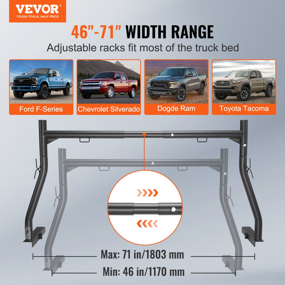 Truck Rack, 46-71inch Extendable Truck Ladder Rack, 800 lbs Capacity Steel Ladder Rack for Truck with Non-Drilling J-bolts, Heavy Duty Truck Bed Rack for Kayak, Surfboard, Lumber, Ladder