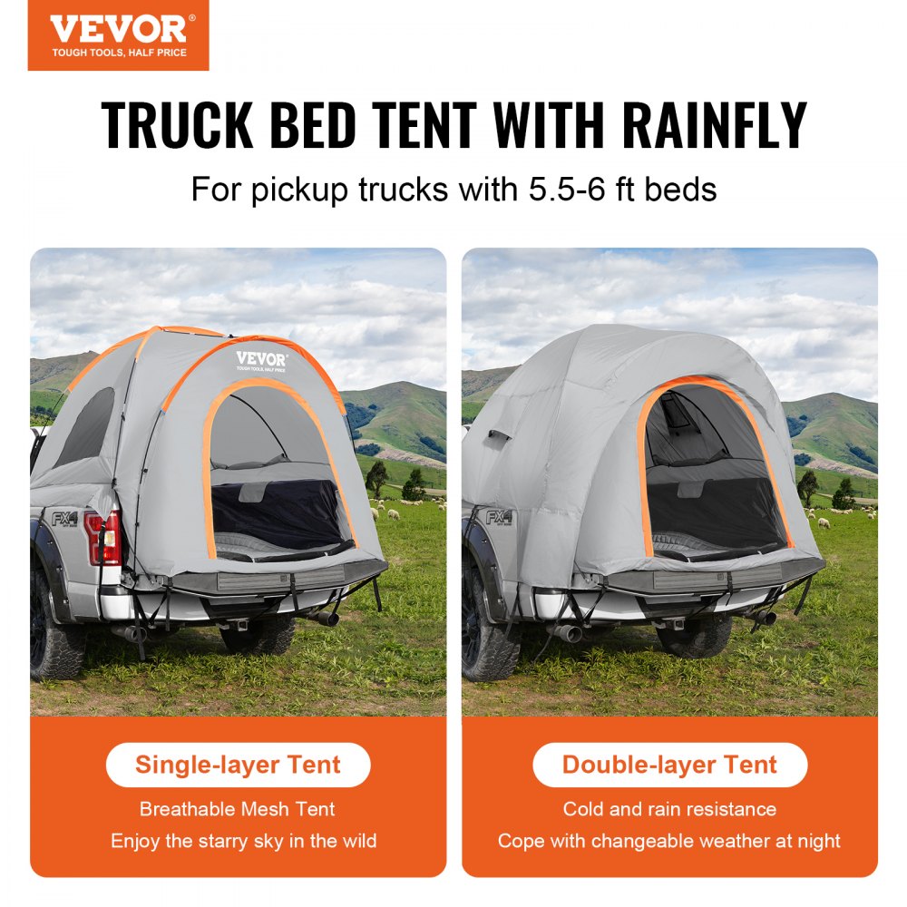 Truck Bed Tent, 5.5`-6` Pickup Truck Tent with Rain Layer and Carry Bag, Waterproof PU2000mm Double Layer Truck Tent for Camping, Accommodate 2-3 Person, for Camping Traveling Outdoor Activities
