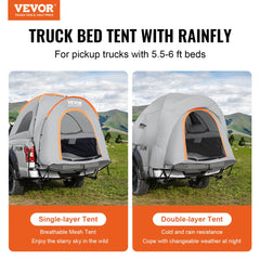 Truck Bed Tent, 5.5`-6` Pickup Truck Tent with Rain Layer and Carry Bag, Waterproof PU2000mm Double Layer Truck Tent for Camping, Accommodate 2-3 Person, for Camping Traveling Outdoor Activities