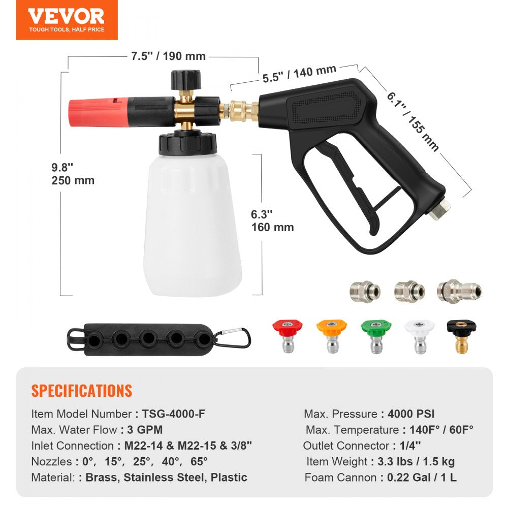Pressure Washer Gun Set, 0.22 Gal Foam Cannon, 4000 PSI Washer Spay Gun with 1/4 Inch Quick Connector & 5 Nozzle Tips, Pressure Washer Handle with M22-14 mm & M22-15mm & 3/8`` Inlet Connector