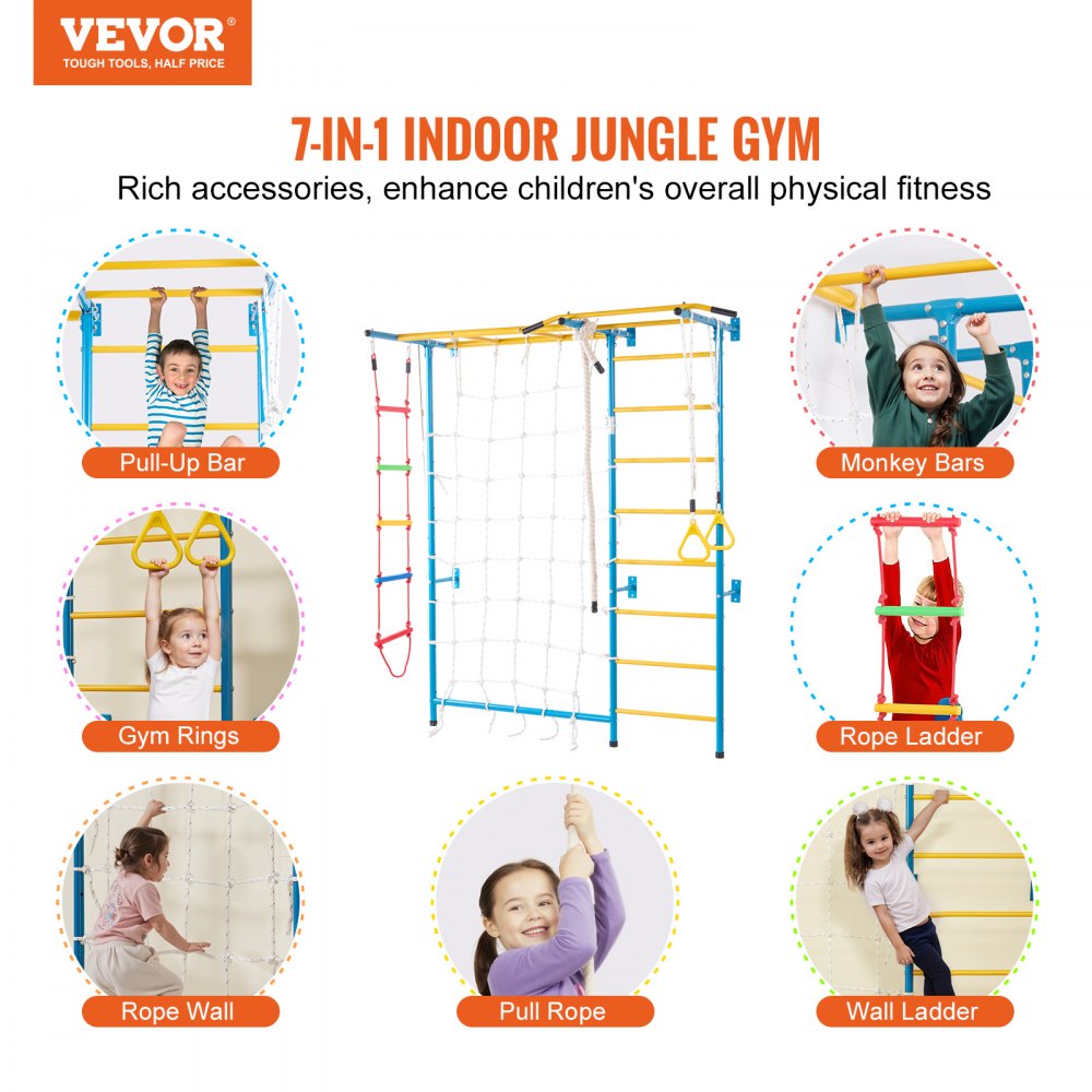 Wall Gym for Kids 7 in 1 Steel Indoor Kids Gym for Exercise Climbing Toys