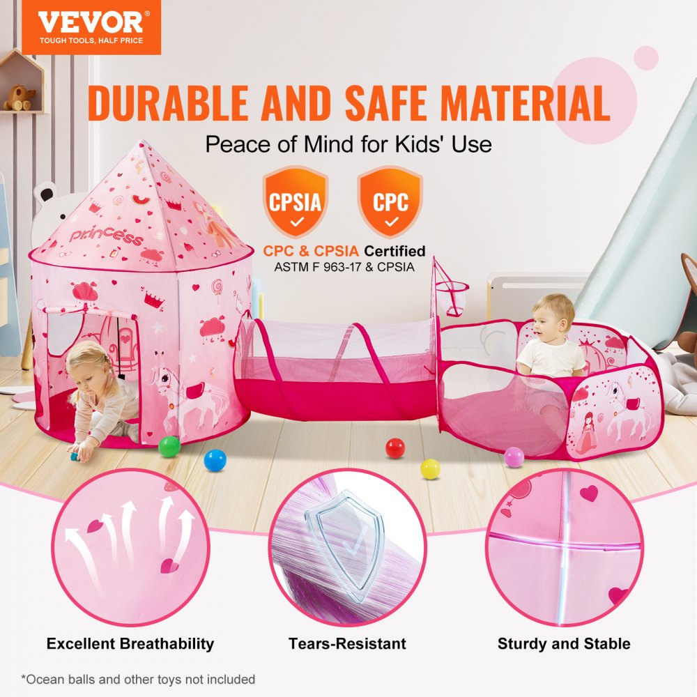 3 in 1 Kids Play Tent with Tunnel for Girls, Princes, Boys, Babies and Toddlers, Indoor/Outdoor Pop Up Playhouse with Carrying Bag & Banding Straps as Birthday Gifts, Magenta Color