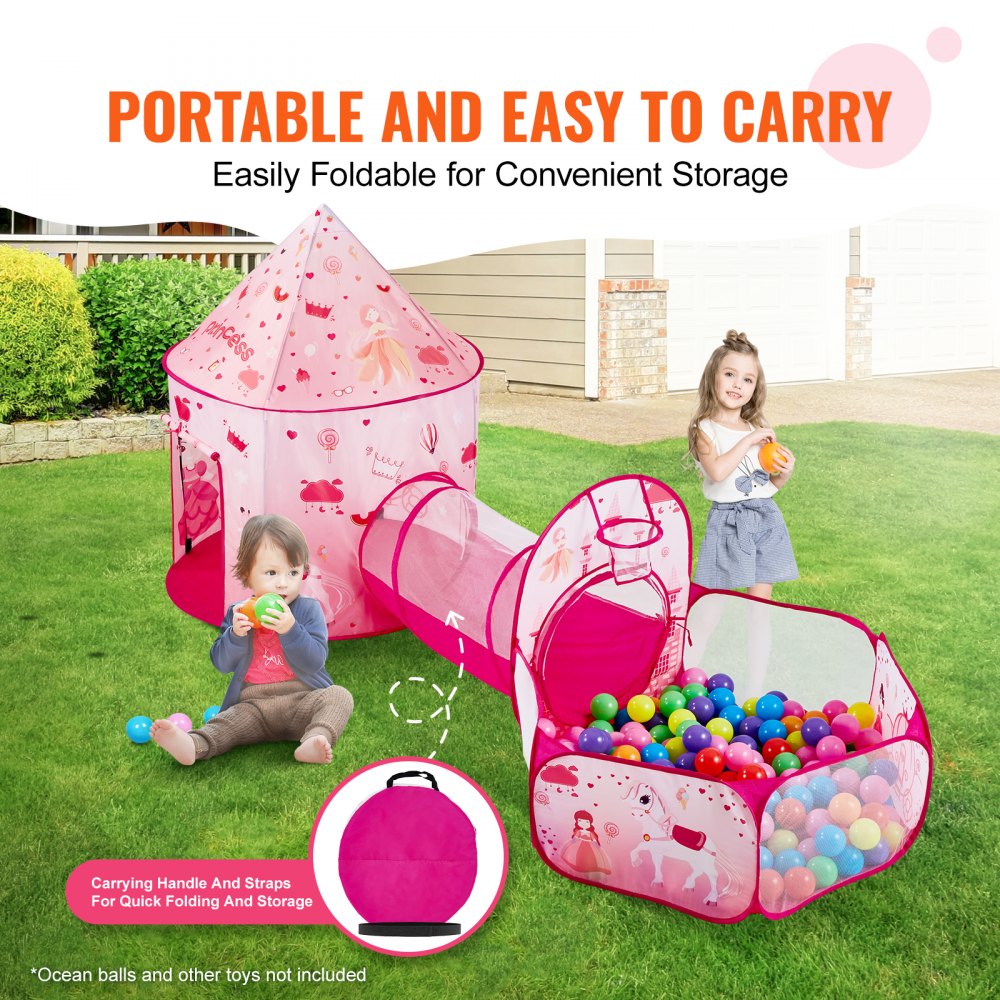 3 in 1 Kids Play Tent with Tunnel for Girls, Princes, Boys, Babies and Toddlers, Indoor/Outdoor Pop Up Playhouse with Carrying Bag & Banding Straps as Birthday Gifts, Magenta Color