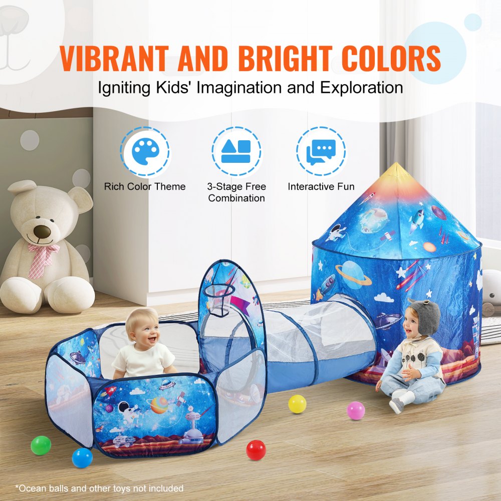 3 in 1 Kids Play Tent with Tunnel for Boys, Girls, Babies and Toddlers, Indoor/Outdoor Pop Up Playhouse with Carrying Bag & Banding Straps Birthday Gifts, Royal Blue Color Rocket Theme