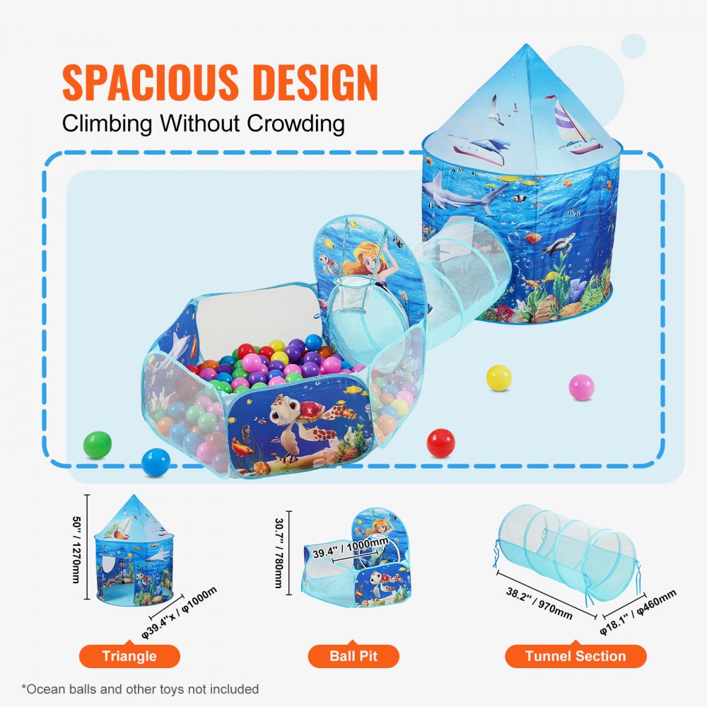 3 in 1 Kids Play Tent with Tunnel, Basketball Hoop for Boys, Girls, Babies and Toddlers, Indoor/Outdoor Pop Up Playhouse with Carrying Bag & Banding Straps Birthday Gifts, Blue Ocean