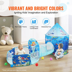 3 in 1 Kids Play Tent with Tunnel, Basketball Hoop for Boys, Girls, Babies and Toddlers, Indoor/Outdoor Pop Up Playhouse with Carrying Bag & Banding Straps Birthday Gifts, Blue Ocean