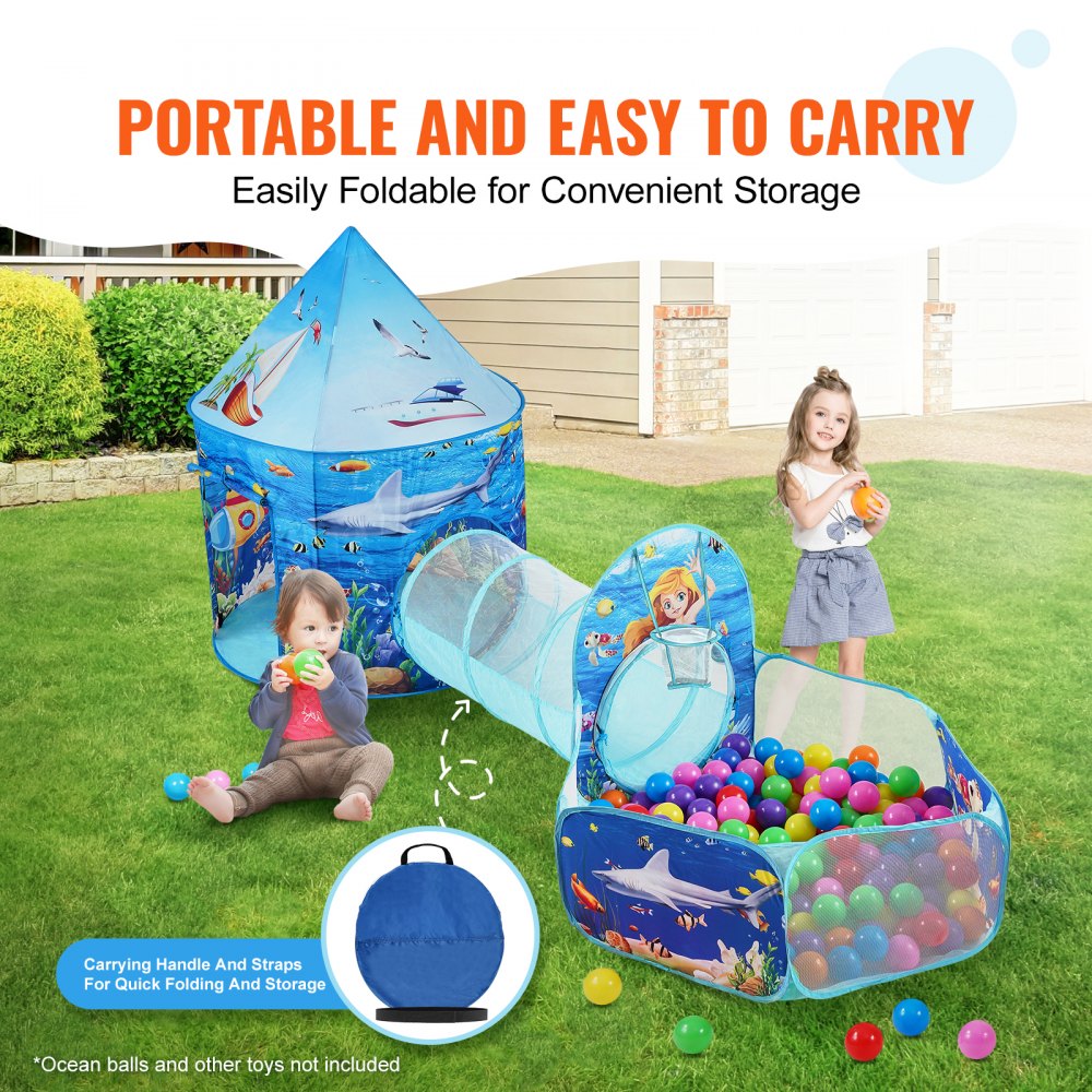 3 in 1 Kids Play Tent with Tunnel, Basketball Hoop for Boys, Girls, Babies and Toddlers, Indoor/Outdoor Pop Up Playhouse with Carrying Bag & Banding Straps Birthday Gifts, Blue Ocean