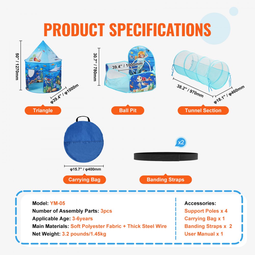 3 in 1 Kids Play Tent with Tunnel, Basketball Hoop for Boys, Girls, Babies and Toddlers, Indoor/Outdoor Pop Up Playhouse with Carrying Bag & Banding Straps Birthday Gifts, Blue Ocean