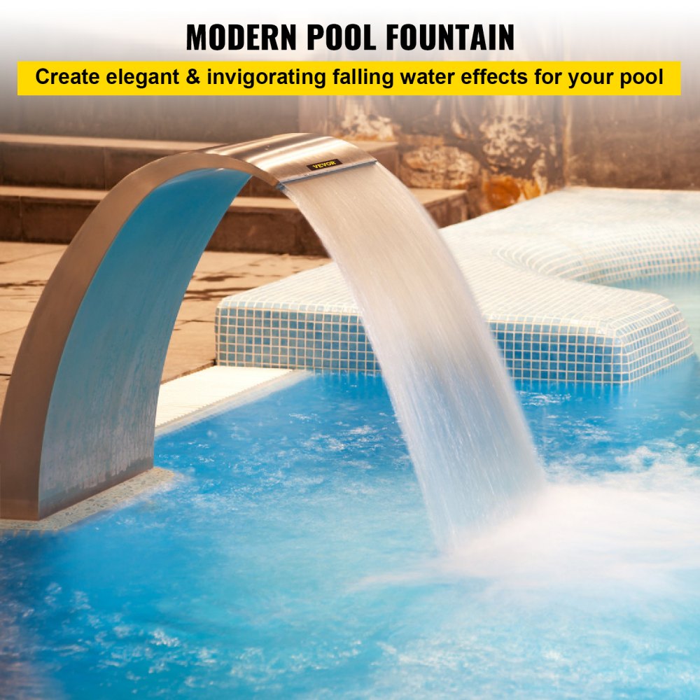 Pool Waterfall Fountain Stainless Steel Fountain 15.4" x 7.9" x 1.5" Silver Pool Fountains for Ground Pools Garden Outdoor Waterfalls Sheer Descent Pond Water Feature