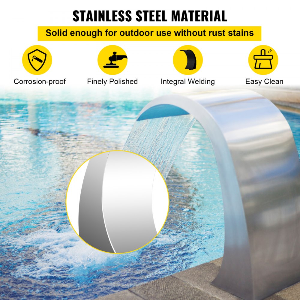 Pool Waterfall Fountain Stainless Steel Fountain 15.4" x 7.9" x 1.5" Silver Pool Fountains for Ground Pools Garden Outdoor Waterfalls Sheer Descent Pond Water Feature