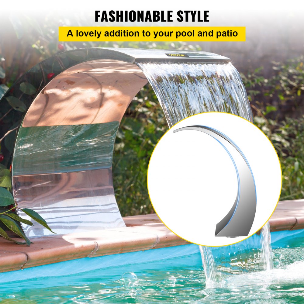 Pool Waterfall Fountain Stainless Steel Fountain 15.4" x 7.9" x 1.5" Silver Pool Fountains for Ground Pools Garden Outdoor Waterfalls Sheer Descent Pond Water Feature