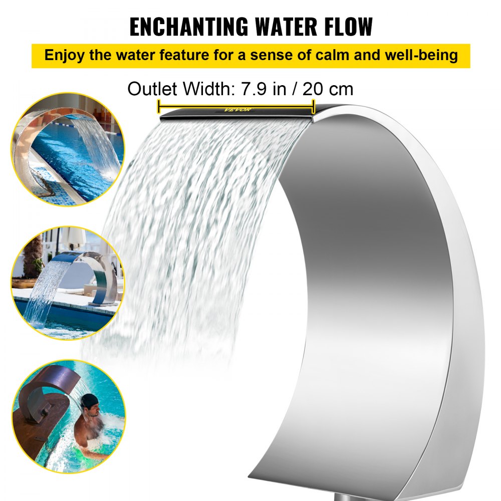 Pool Waterfall Fountain Stainless Steel Fountain 15.4" x 7.9" x 1.5" Silver Pool Fountains for Ground Pools Garden Outdoor Waterfalls Sheer Descent Pond Water Feature