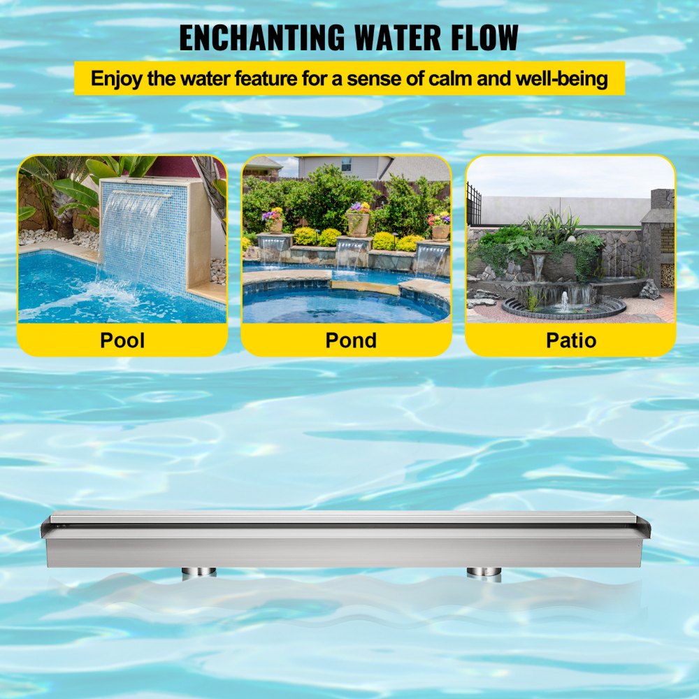 Pool Fountain Stainless Steel Pool Waterfall Spillway with Pipe Connector Rectangular Garden Outdoor (59.1")