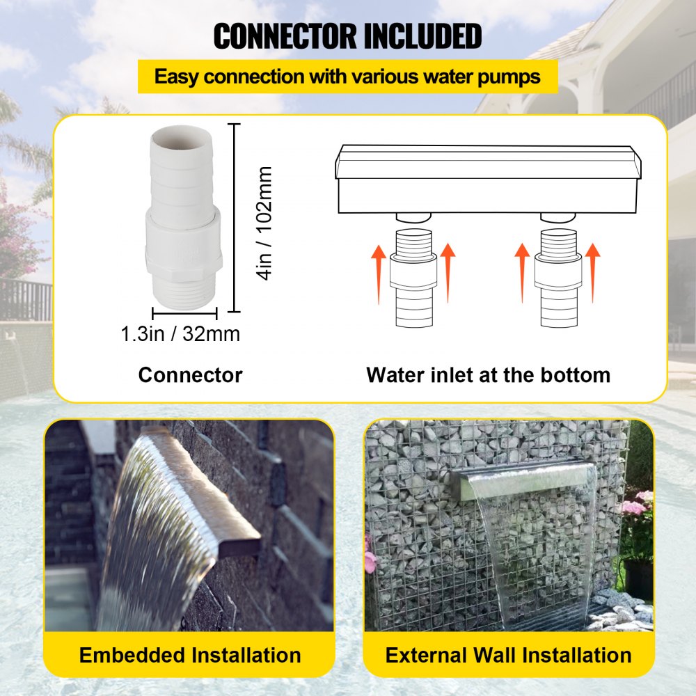 Pool Fountain Stainless Steel Pool Waterfall Spillway with Pipe Connector Rectangular Garden Outdoor (59.1")