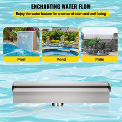 Pool Fountain Stainless Steel Pool Waterfall Spillway with Pipe Connector Rectangular Garden Outdoor (11.8")