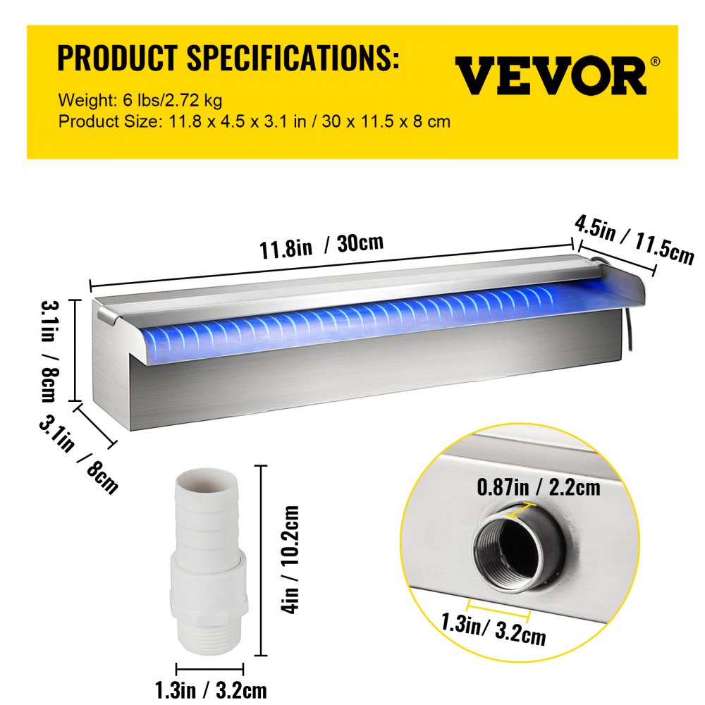 Pool Fountain Stainless Steel Pool Waterfall 11.8" x 4.5" x 3.1"(W x D x H) with LED Strip Light Waterfall Spillway with Pipe Connector Rectangular Garden Outdoor