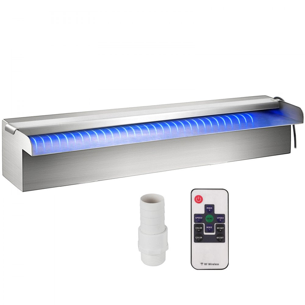 Pool Fountain Stainless Steel Pool Waterfall 11.8" x 4.5" x 3.1"(W x D x H) with LED Strip Light Waterfall Spillway with Pipe Connector Rectangular Garden Outdoor