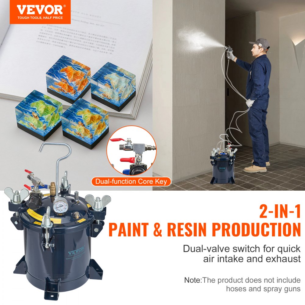 10L/2.5gal Spray Paint Pressure Pot Tank,  70PSI Max Air Paint Pressure Pot, Metal Rack and Leak Repair Sealant for Industry Home Decor Architecture Construction Automotive Painting