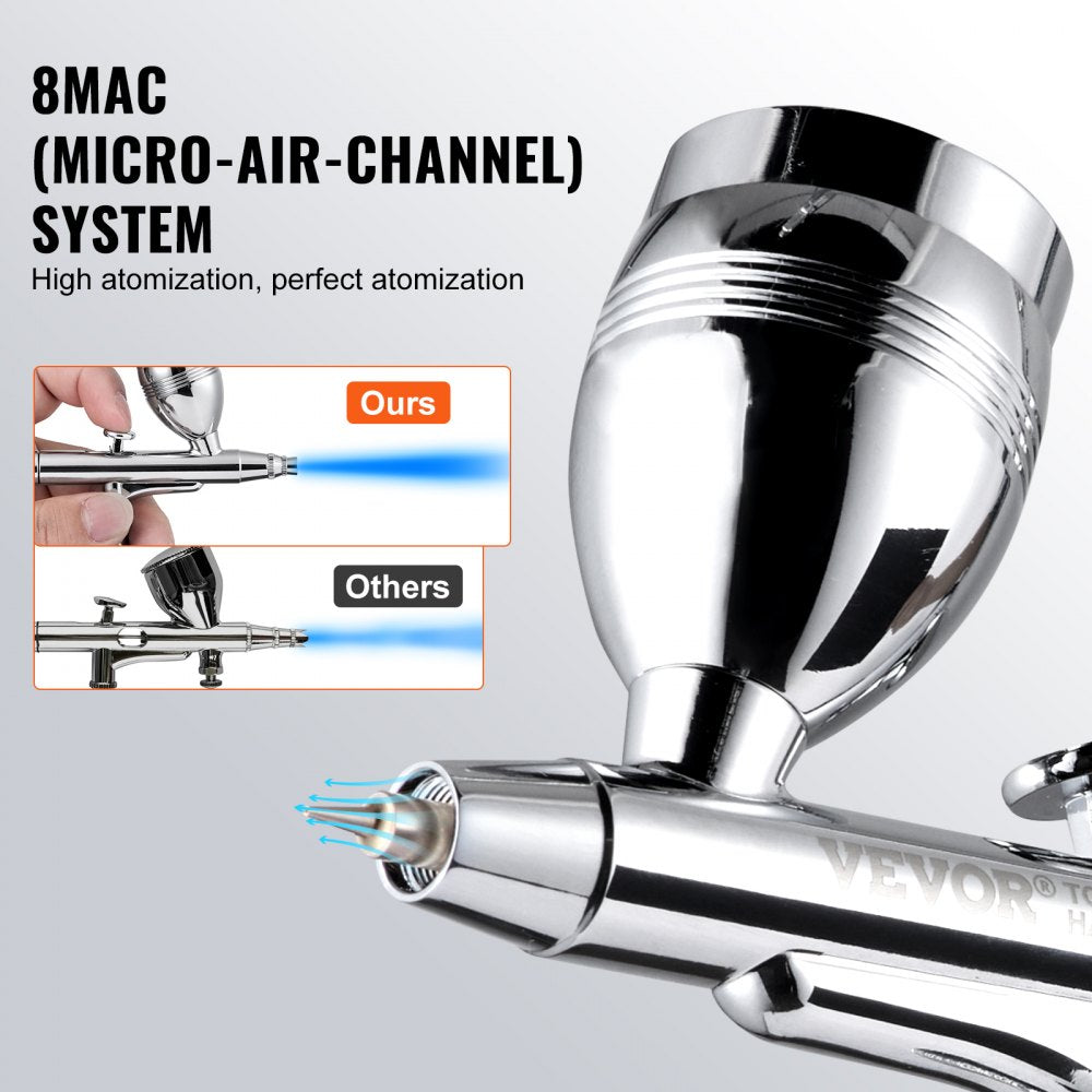 Airbrush Gun, Dual Action Gravity Feed with 0.3 mm and 0.5 mm Nozzles, Airbrush Kit with 2/7/12ml Copper Cups and Cleaning Accessories, Ideal for Painting Models, Desserts, Cakes, and Nail Art