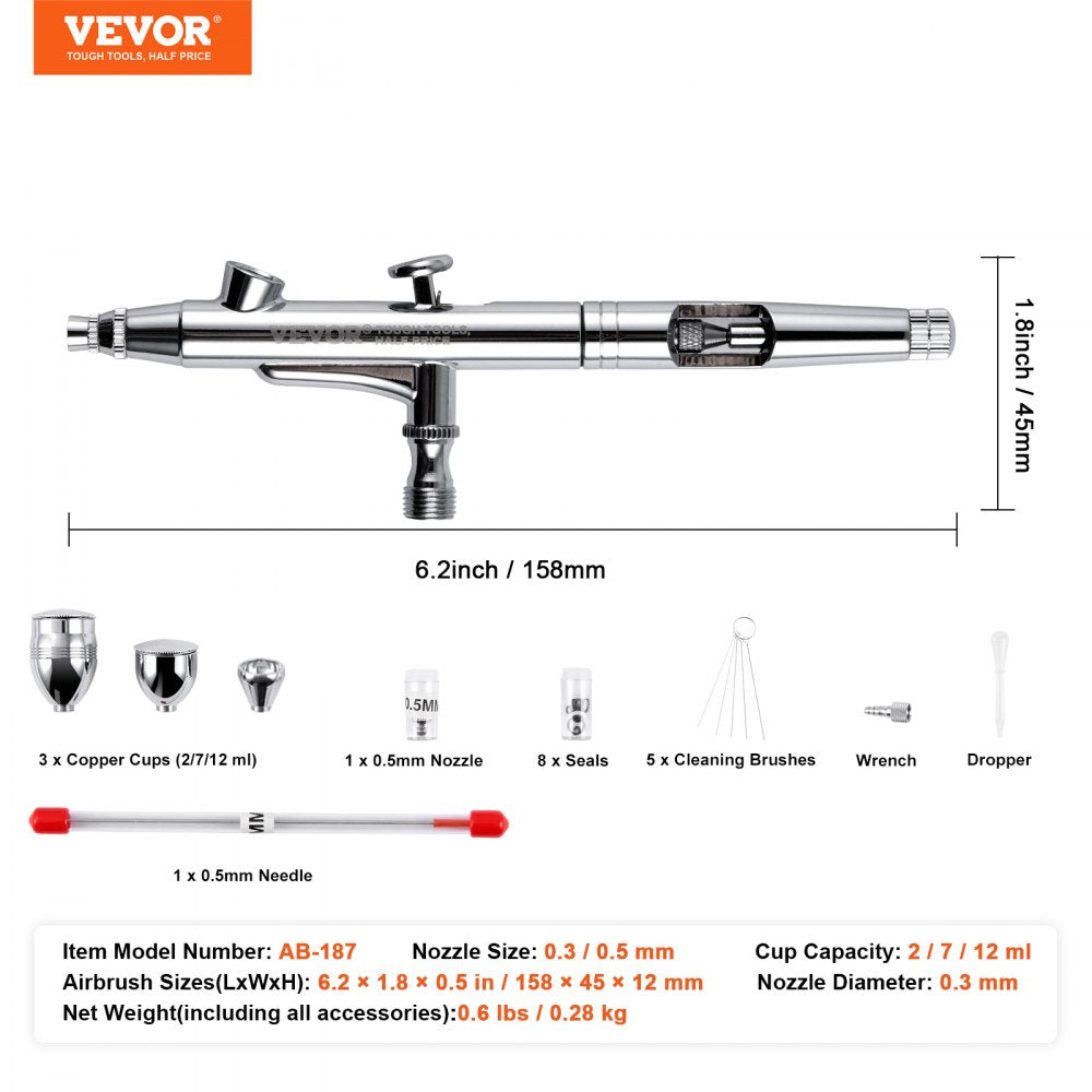 Airbrush Gun, Dual Action Gravity Feed with 0.3 mm and 0.5 mm Nozzles, Airbrush Kit with 2/7/12ml Copper Cups and Cleaning Accessories, Ideal for Painting Models, Desserts, Cakes, and Nail Art