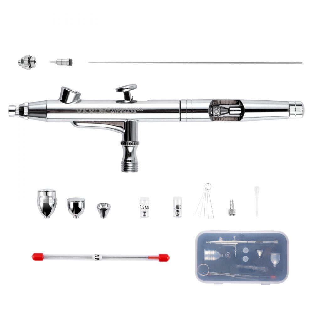Airbrush Gun, Dual Action Gravity Feed with 0.3 mm and 0.5 mm Nozzles, Airbrush Kit with 2/7/12ml Copper Cups and Cleaning Accessories, Ideal for Painting Models, Desserts, Cakes, and Nail Art