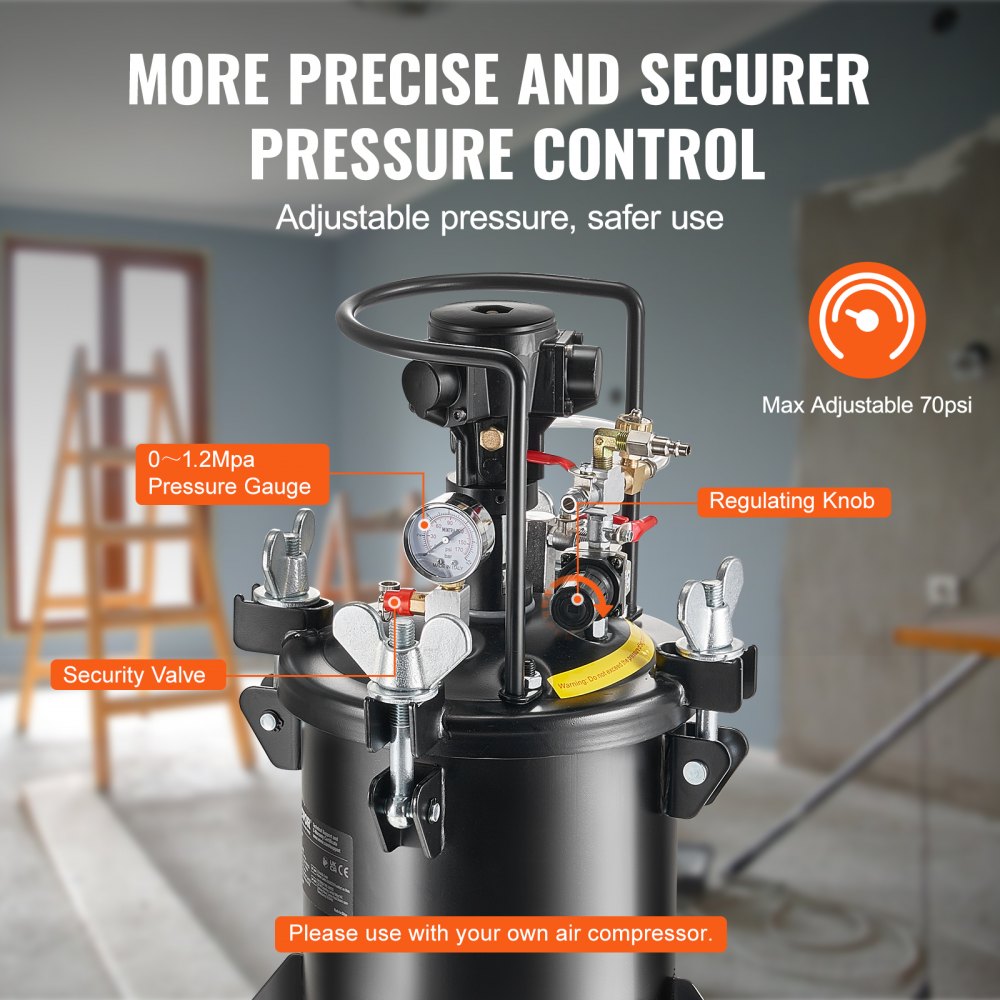 10L spray paint pressure pot with adjustable 70 PSI gauge, security valve, and automatic stirring feature.