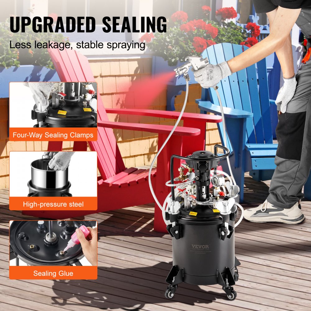 Bostome 10L spray paint pressure pot with automatic stirring, 70 PSI gauge, and four-way sealing clamps on wheels.