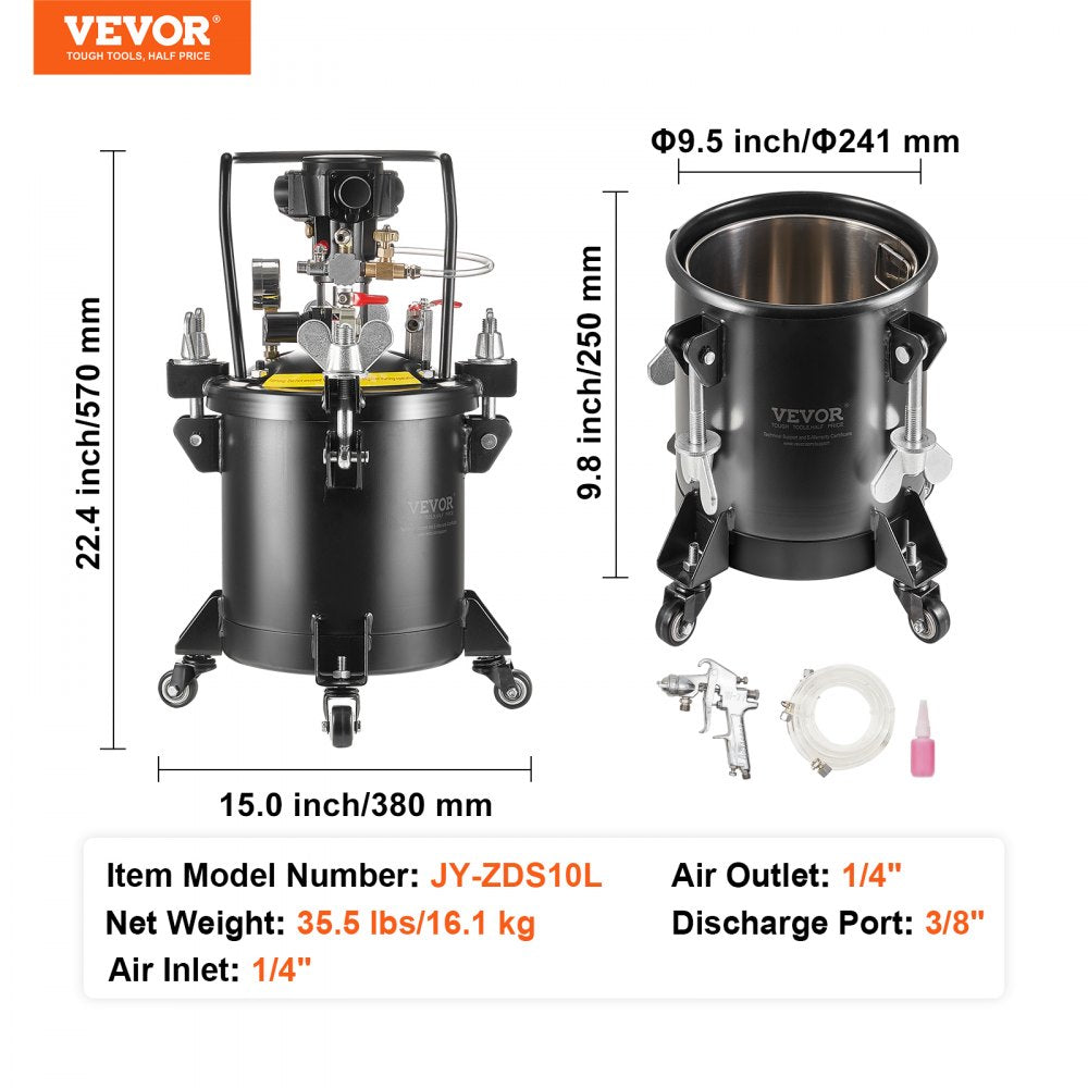 10L spray paint pressure pot with automatic stirring, 70 PSI, on wheels, and accessories.