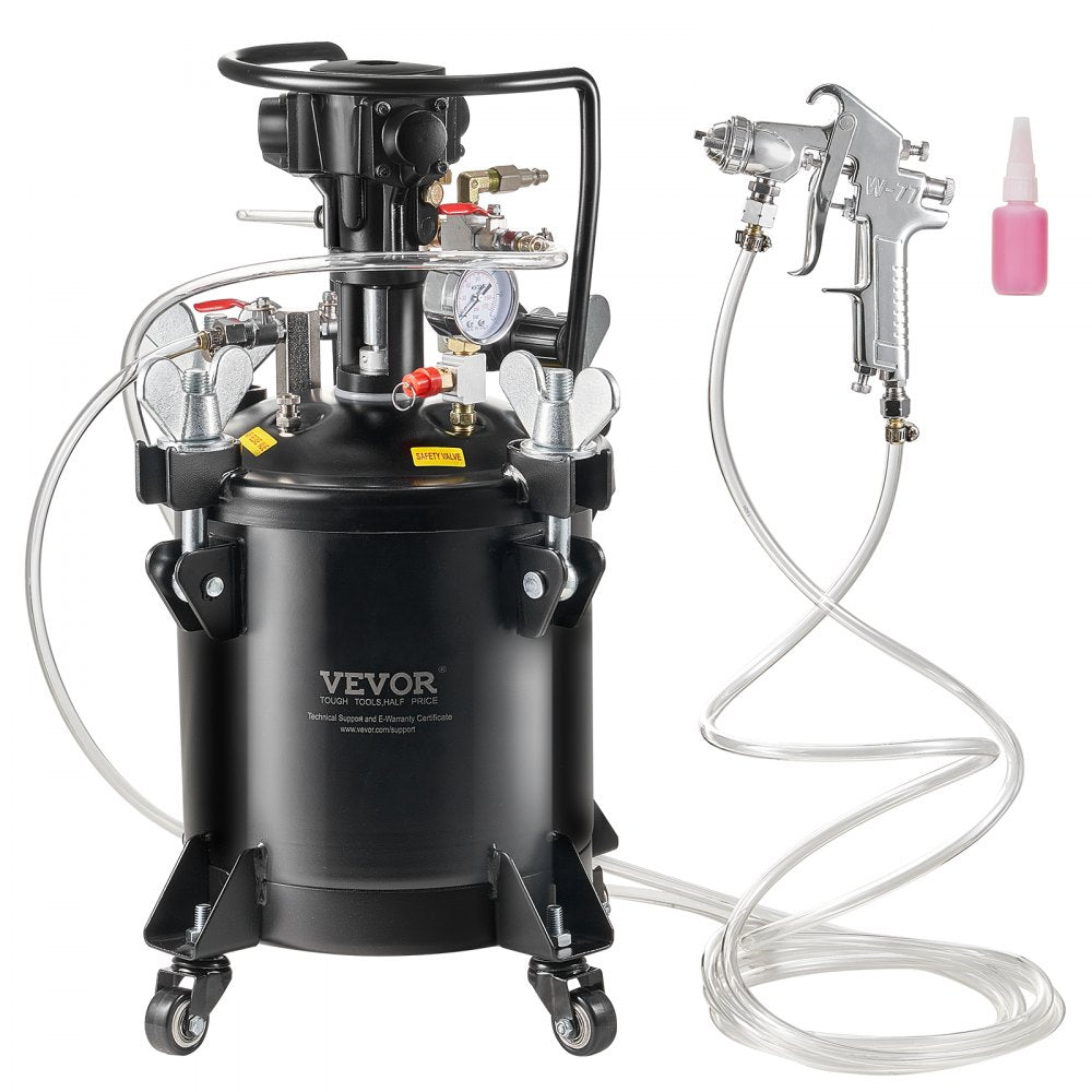 Bostome 10L black spray paint pressure pot with automatic stirring, 70 PSI gauge, and attached spray gun on wheels.