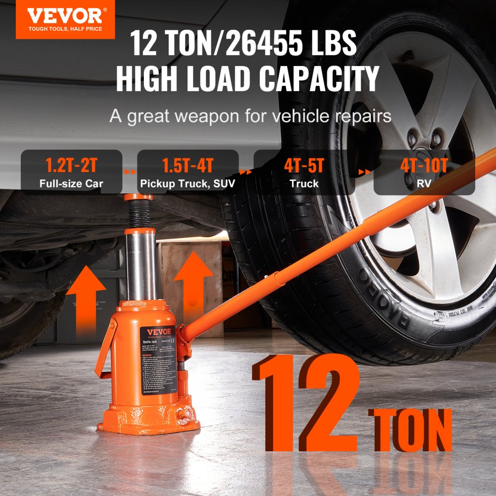 Hydraulic Bottle Jack, 12 Ton/24000 LBS All Welded Bottle Jack, 7.5-14 inch Lifting Range, with 3-section Long Handle, for Car, Pickup Truck, Truck, RV, Auto Repair, Industrial Engineering