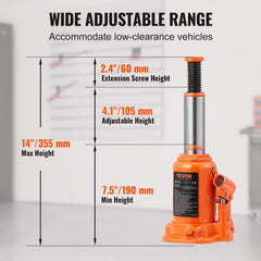Hydraulic Bottle Jack, 12 Ton/24000 LBS All Welded Bottle Jack, 7.5-14 inch Lifting Range, with 3-section Long Handle, for Car, Pickup Truck, Truck, RV, Auto Repair, Industrial Engineering