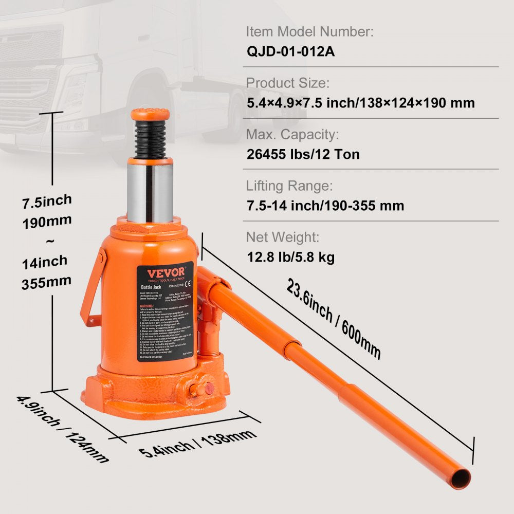 Hydraulic Bottle Jack, 12 Ton/24000 LBS All Welded Bottle Jack, 7.5-14 inch Lifting Range, with 3-section Long Handle, for Car, Pickup Truck, Truck, RV, Auto Repair, Industrial Engineering