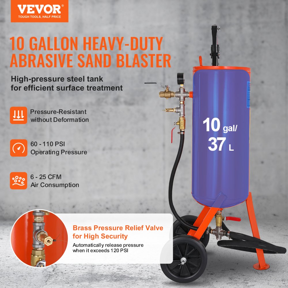 10 Gallon Heavy-Duty Sand Blaster, 60-110 PSI High Pressure Sandblaster, Portable Abrasive Blasting Tank, Air Sand Blasting Kit with 2 Ceramic Nozzles & 7.5ft Hose for Stain, Rust, Paint Removal