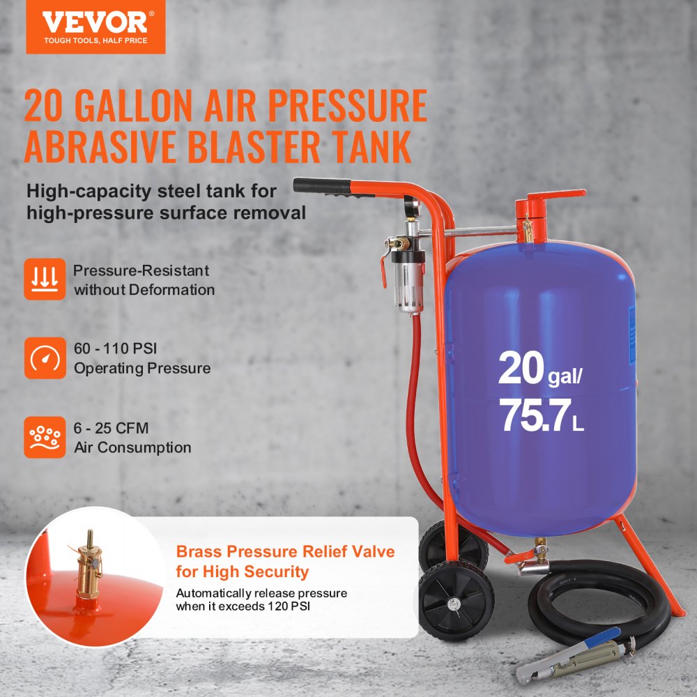 20 Gallon Sand Blaster, 60-110 PSI High Pressure Sandblaster, Portable Abrasive Blasting Tank, Air Sand Blasting Kit with 4 Ceramic Nozzles and Oil-Water Separator for Paint, Stain, Rust Removal