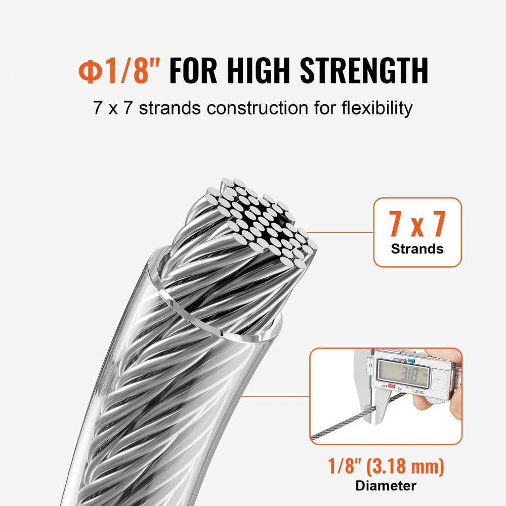 T304 Stainless Steel Cable 1/8" 7x7 Steel Wire Rope 100 ft Cable Railing