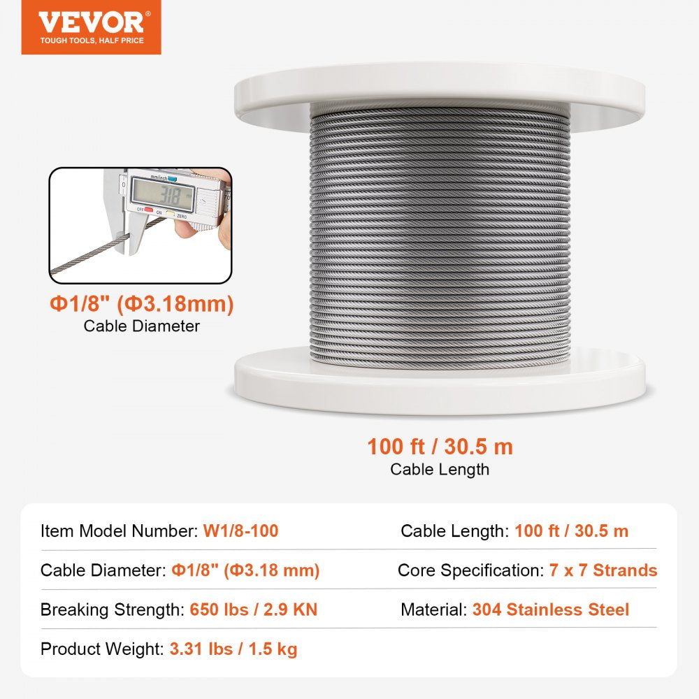 T304 Stainless Steel Cable 1/8" 7x7 Steel Wire Rope 100 ft Cable Railing