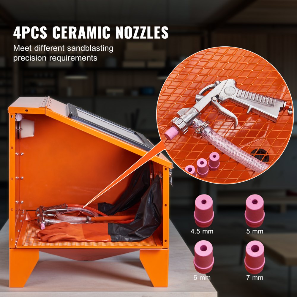 Orange steel sandblasting cabinet with 40-gallon capacity, blasting gun, and four ceramic nozzles of varying sizes.